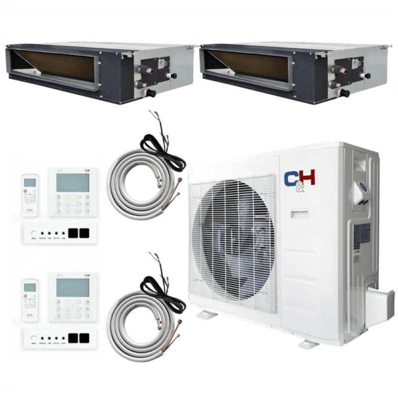 Cooper&Hunter 2-Zone Ducted Mini Split AC & Heat Pump 18000 BTU (9K+9K), Slim Duct Units, 230V - R410A