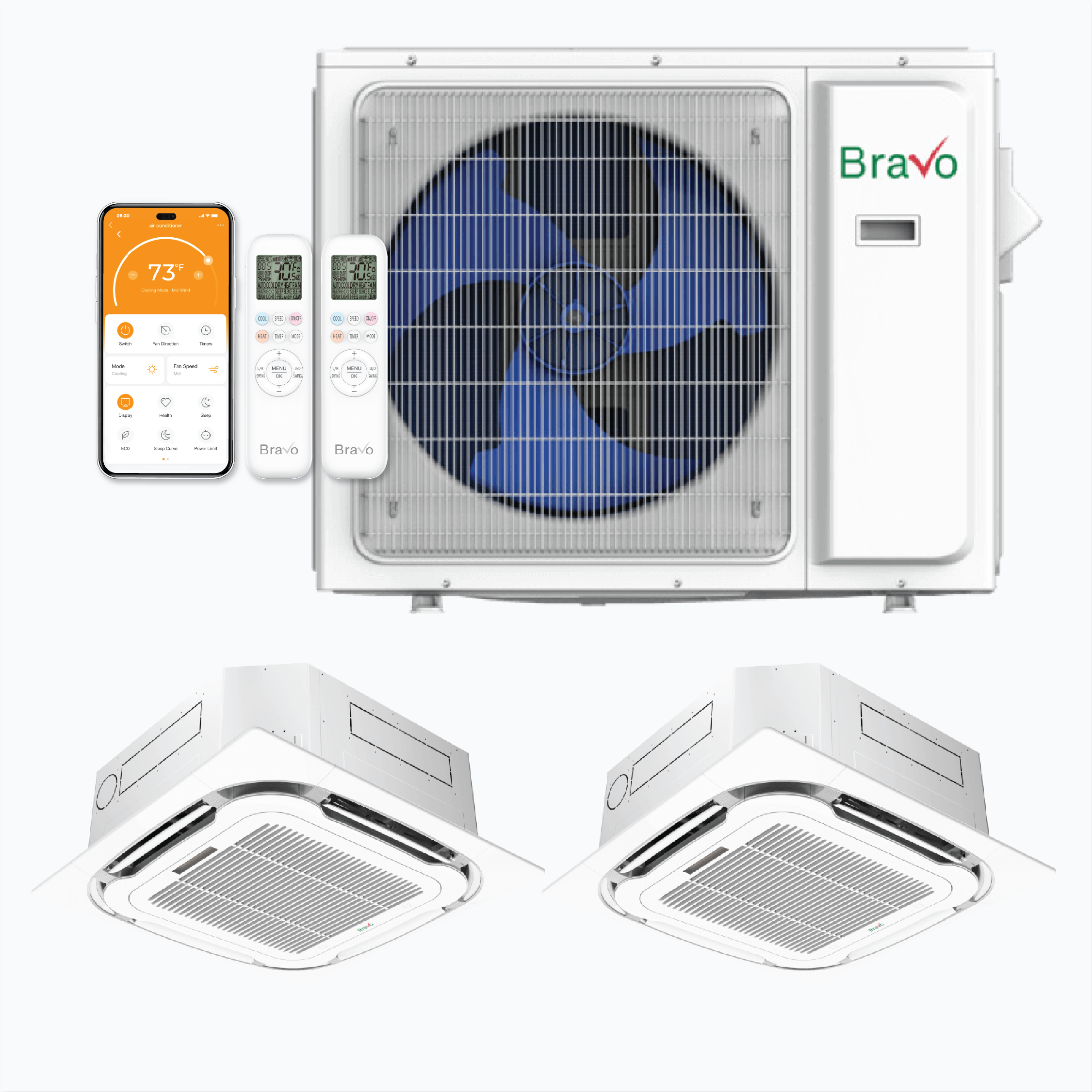 Bravo 2-Zone Ductless Mini Split AC & Heat Pump 18000 BTU (12K+12K), Ceiling Cassettes Units, 230V