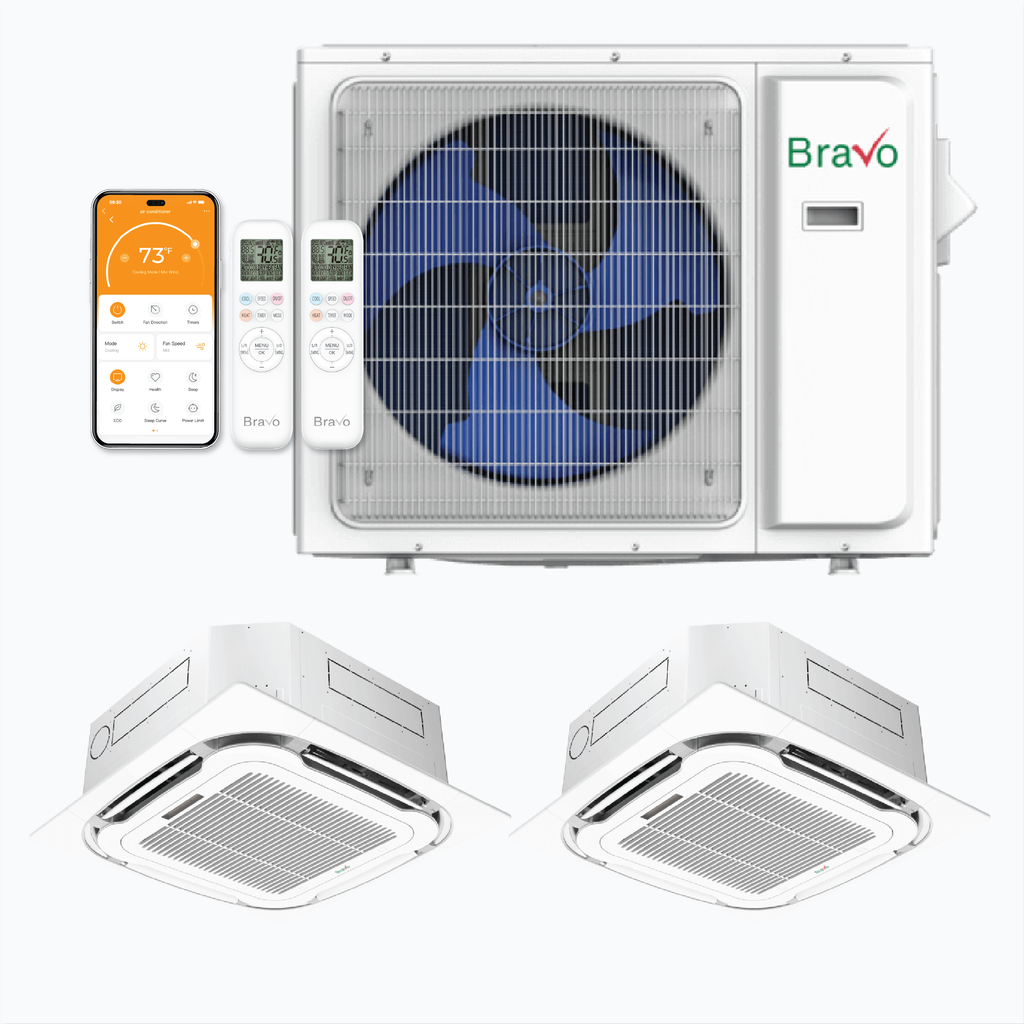Bravo 2-Zone Ductless Mini Split AC & Heat Pump 30000 BTU (18K+18K), Ceiling Cassettes Units, 230V