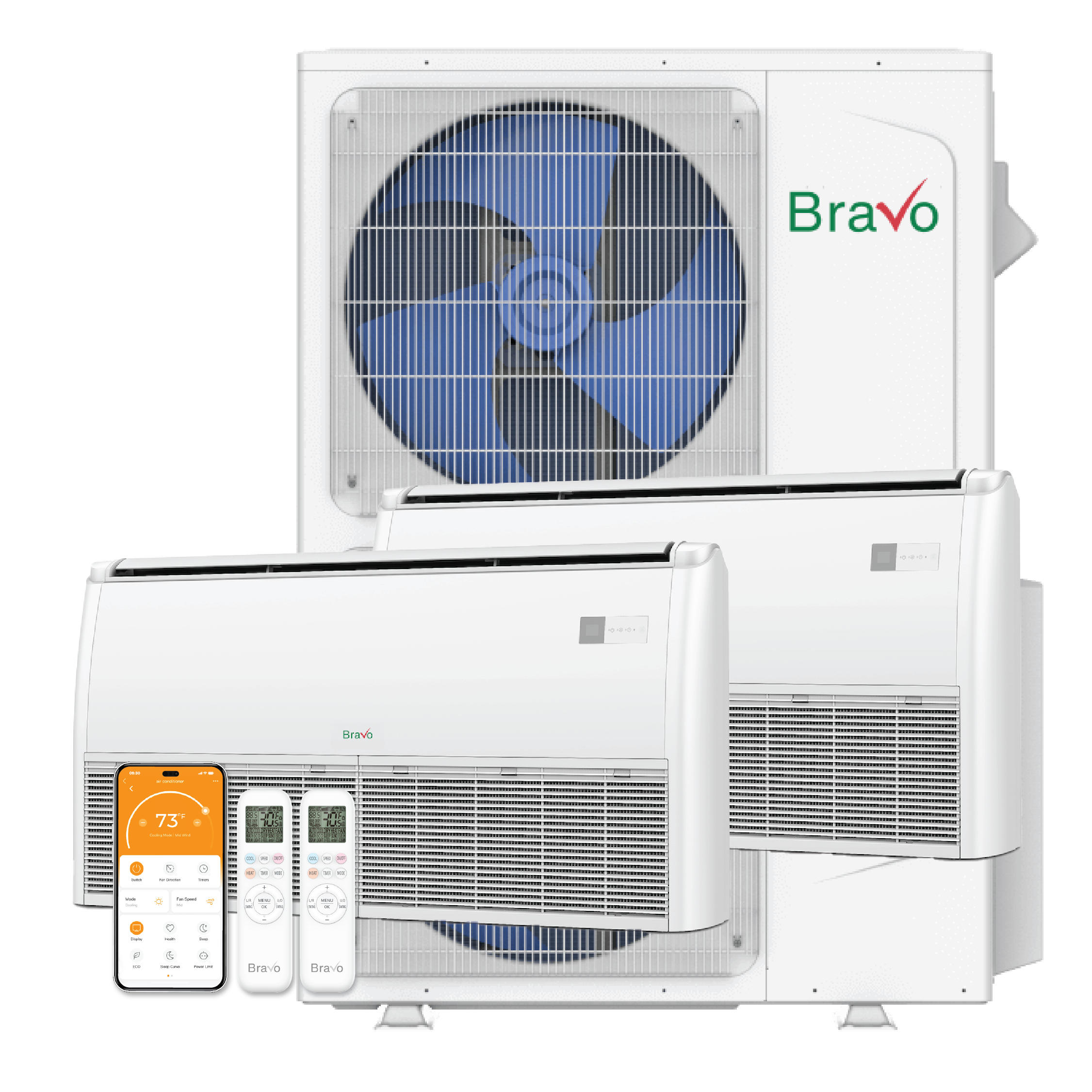 Bravo 2-Zone Ductless Mini Split AC & Heat Pump 42000 BTU (9K+12K), Universal Floor Ceiling Units, 230V