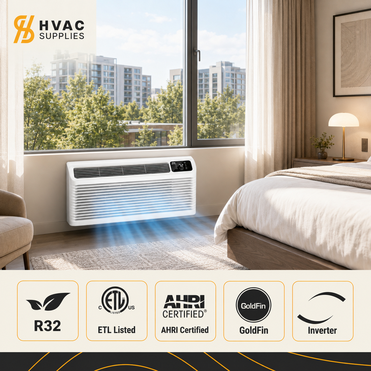 Cooper&Hunter 9,000 BTU Inverter PTAC Heat Pump with WiFi, Electric Heat and Fresh Air - CH-PTI-09HP