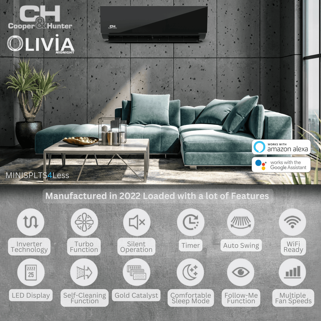 Cooper&Hunter Olivia Midnight 2-Zone Ductless Mini Split AC & Heat Pump 18000 BTU (6K+6K), Wall Mount Units, 230V - R410A