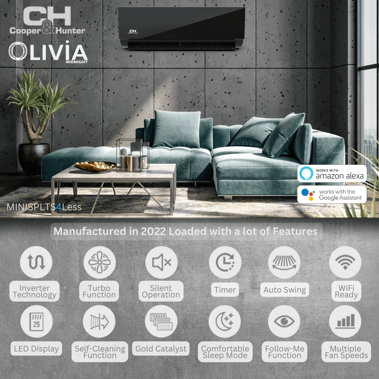 Cooper&Hunter Olivia Midnight 2-Zone Ductless Mini Split AC & Heat Pump 18000 BTU (6K+6K), Wall Mount Units, 230V - R410A