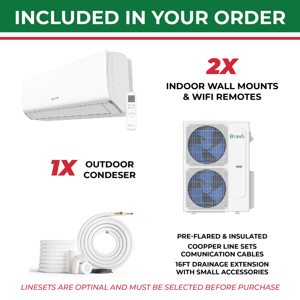 Bravo 2-Zone Ductless Mini Split AC & Heat Pump 42000 BTU (12K+12K), Wall Mount Units, 230V