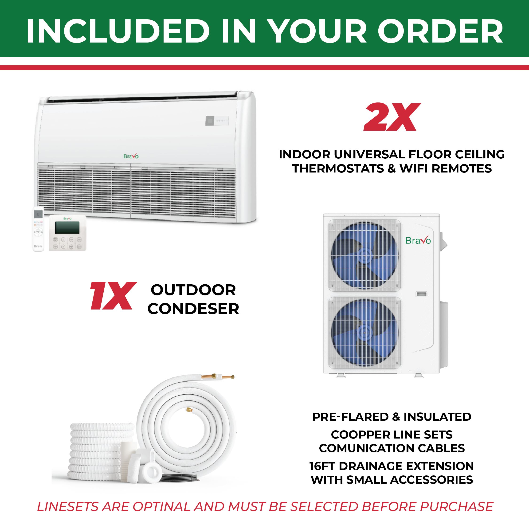 Bravo 2-Zone Ductless Mini Split AC & Heat Pump 42000 BTU (24K+24K), Universal Floor Ceiling Units, 230V