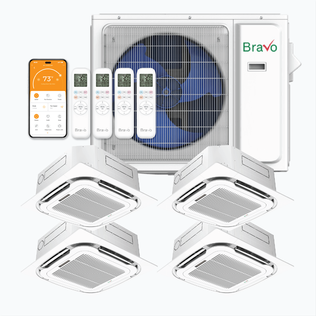 Bravo 4-Zone Ductless Mini Split AC & Heat Pump 36000 BTU (9K+9K+9K+24K), Ceiling Cassettes Units, 230V