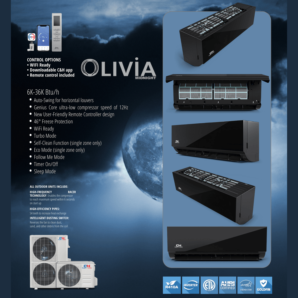 Cooper&Hunter Olivia Midnight 2-Zone Ductless Mini Split AC & Heat Pump 18000 BTU (6K+6K), Wall Mount Units, 230V - R410A