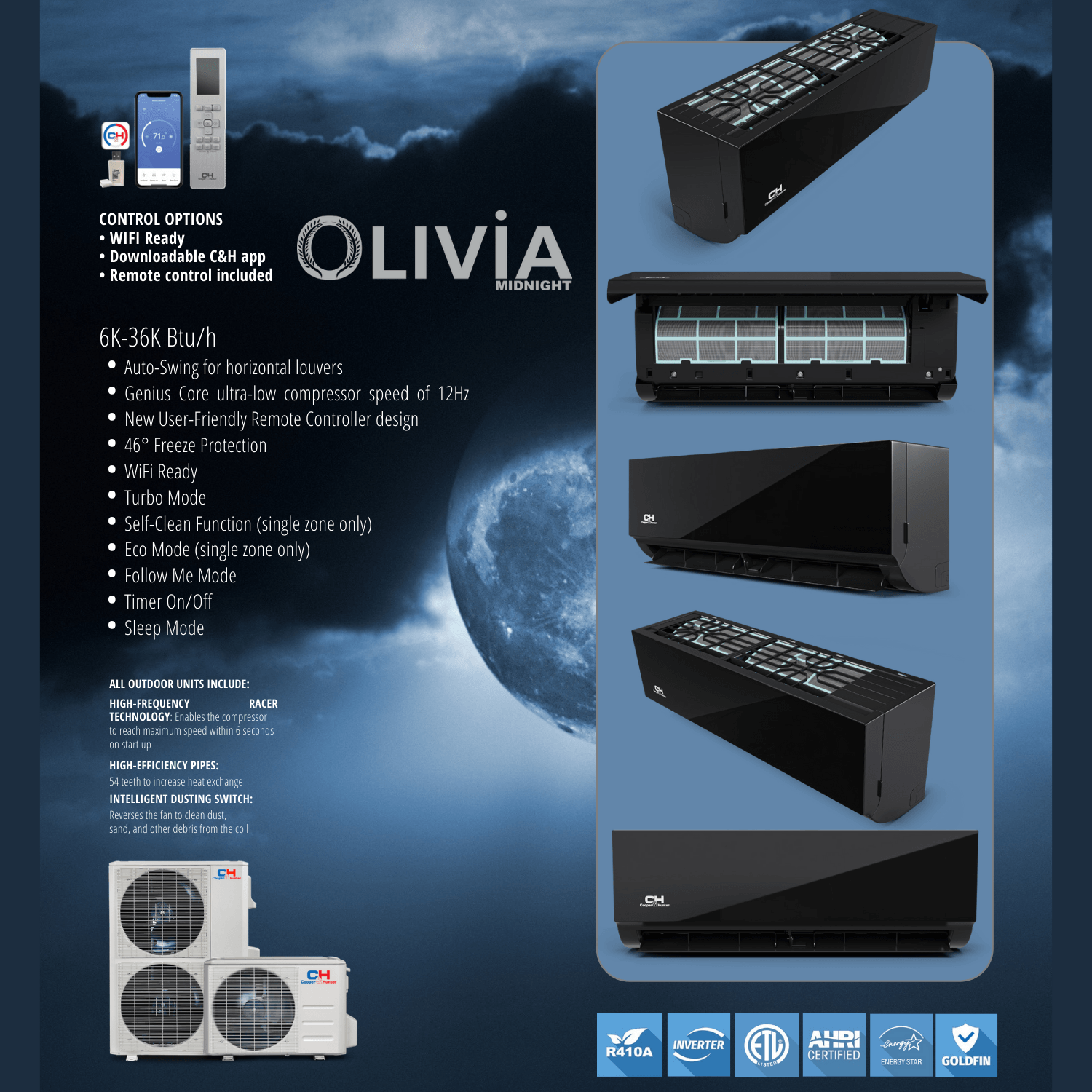 Cooper&Hunter Olivia Midnight 2-Zone Ductless Mini Split AC & Heat Pump 18000 BTU (6K+6K), Wall Mount Units, 230V - R410A