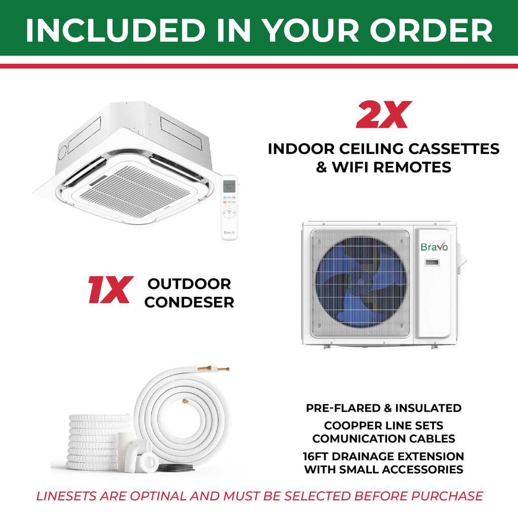 Bravo 2-Zone Ductless Mini Split AC & Heat Pump 24000 BTU (12K+12K), Ceiling Cassettes Units, 230V