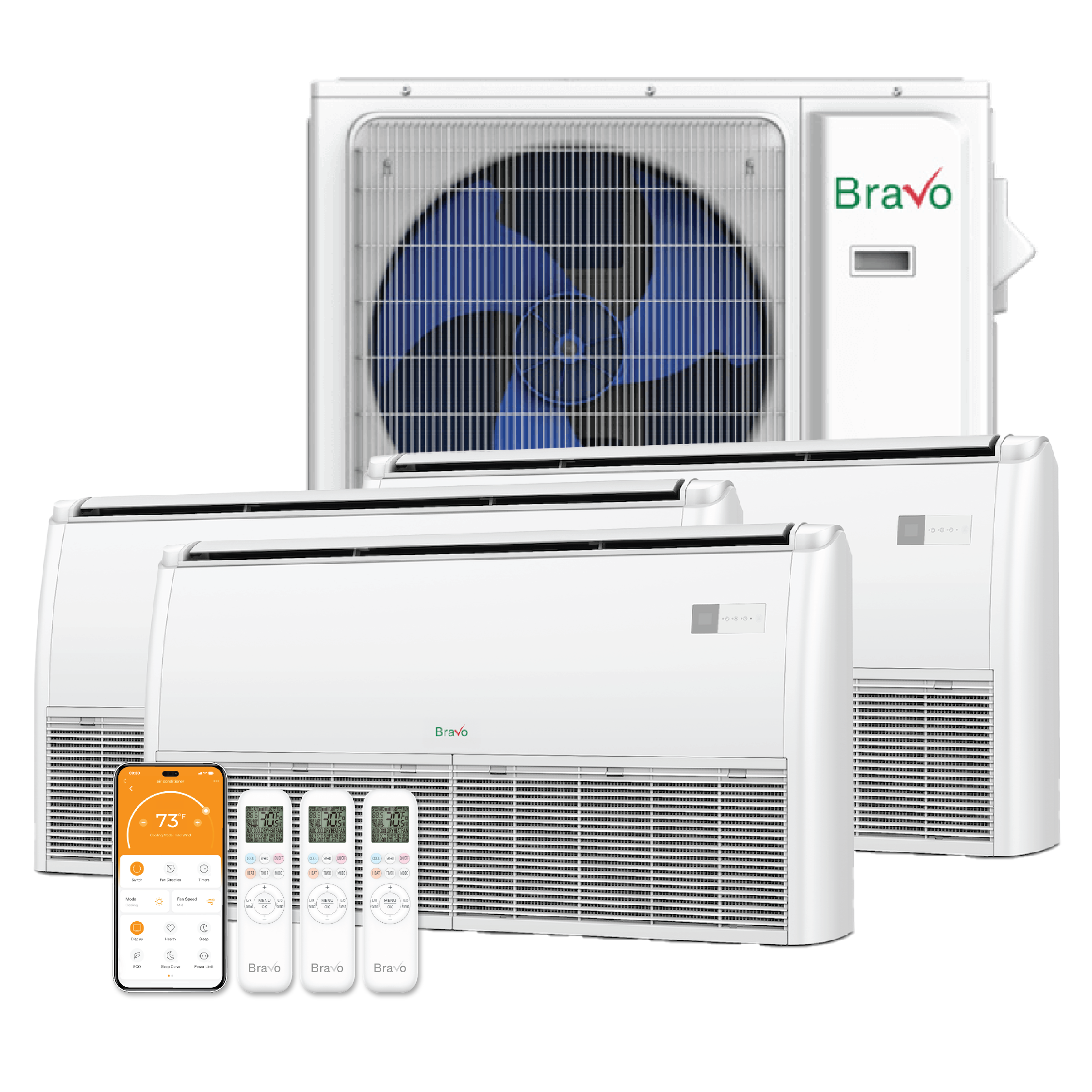 Bravo 3-Zone Ductless Mini Split AC & Heat Pump 24000 BTU (12K+12K+12K), Universal Floor Ceiling Units, 230V