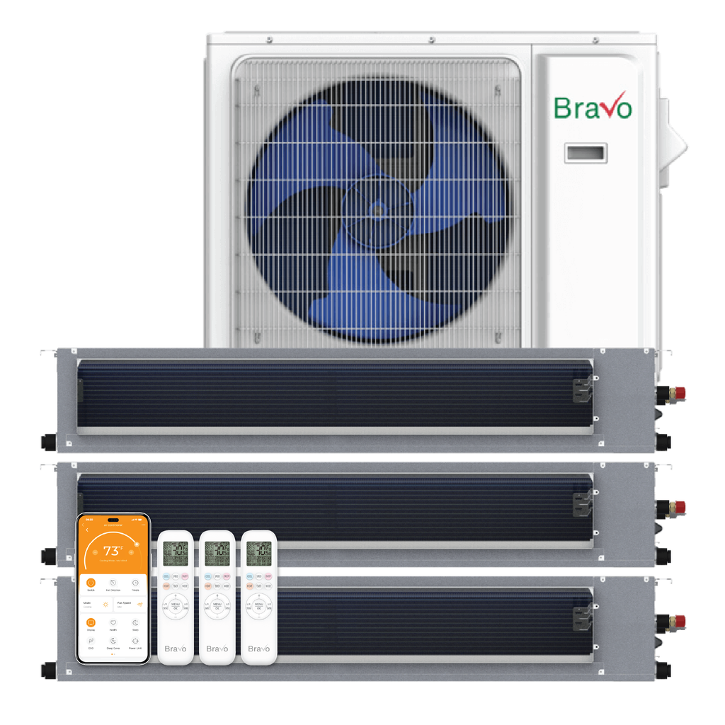 Bravo 3-Zone Ducted Mini Split AC & Heat Pump 42000 BTU (9K+9K+9K), Slim Duct Units, 230V