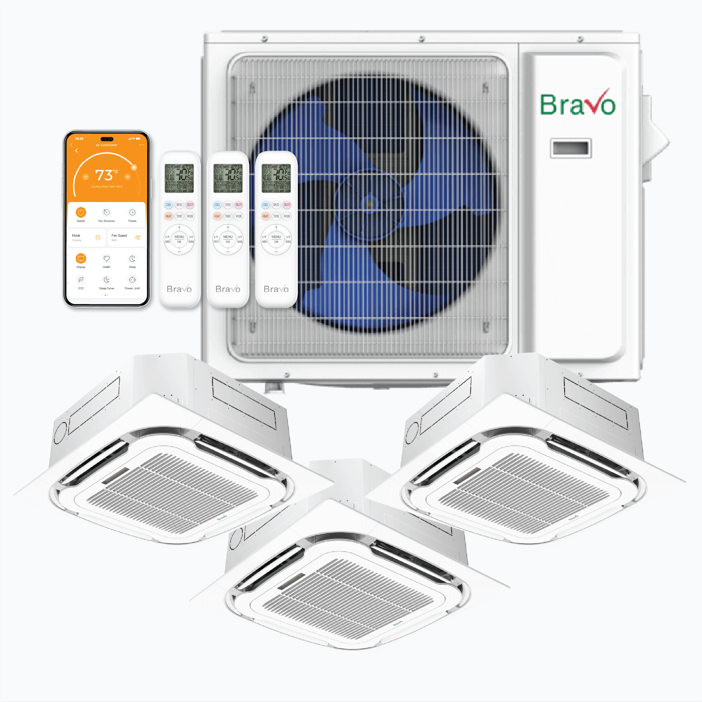 Bravo 3-Zone Ductless Mini Split AC & Heat Pump 24000 BTU (12K+12K+12K), Ceiling Cassettes Units, 230V