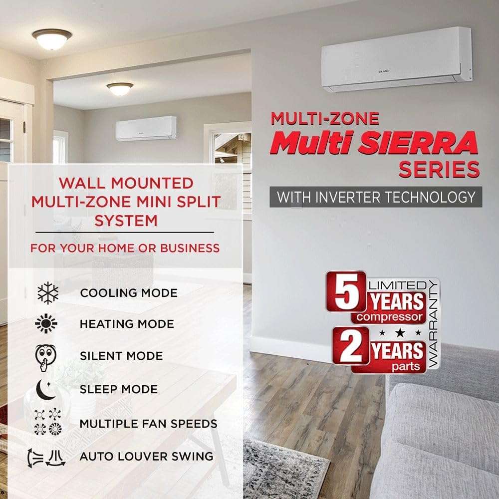 Olmo Sierra 3-Zone Ductless Mini Split AC & Heat Pump 24000 BTU (12K+12K+12K), Wall Mount Units, 230V - R410A
