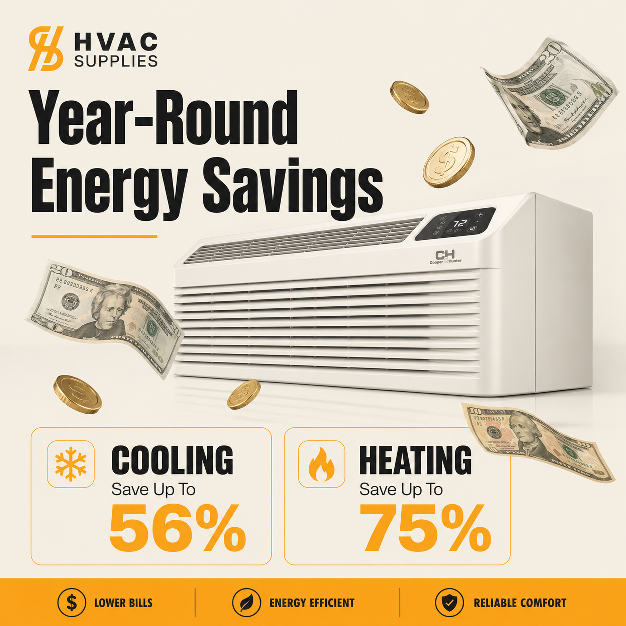 Cooper&Hunter 9,000 BTU Inverter PTAC Heat Pump with WiFi, Electric Heat and Fresh Air - CH-PTI-09HP