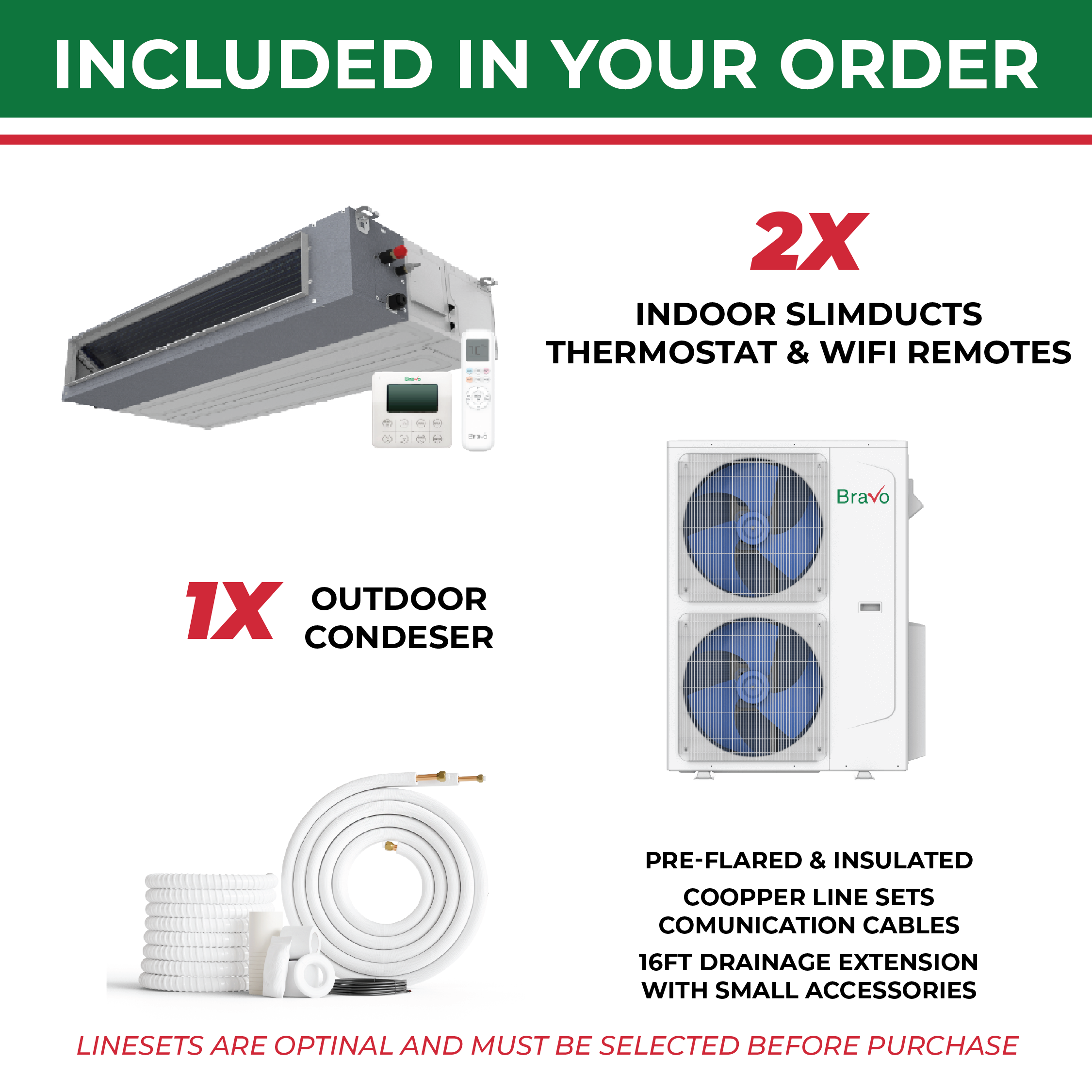 Bravo 2-Zone Ducted Mini Split AC & Heat Pump 42000 BTU (12K+12K), Slim Duct Units, 230V
