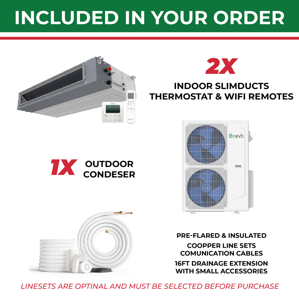 Bravo 2-Zone Ducted Mini Split AC & Heat Pump 42000 BTU (9K+24K), Slim Duct Units, 230V