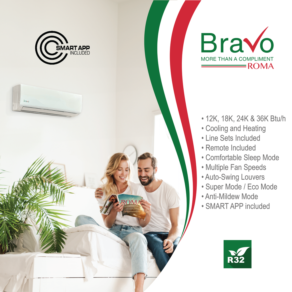 Bravo Roma Single Zone Wall Mount, 12,000 BTU (1 Ton) Mini Split AC and Heat Pump R32 208-230V