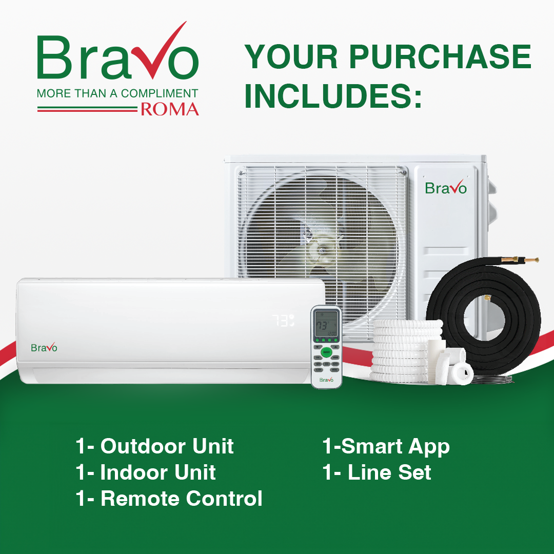 Bravo Roma Single Zone Wall Mount, 12,000 BTU (1 Ton) Mini Split AC and Heat Pump R32 115V