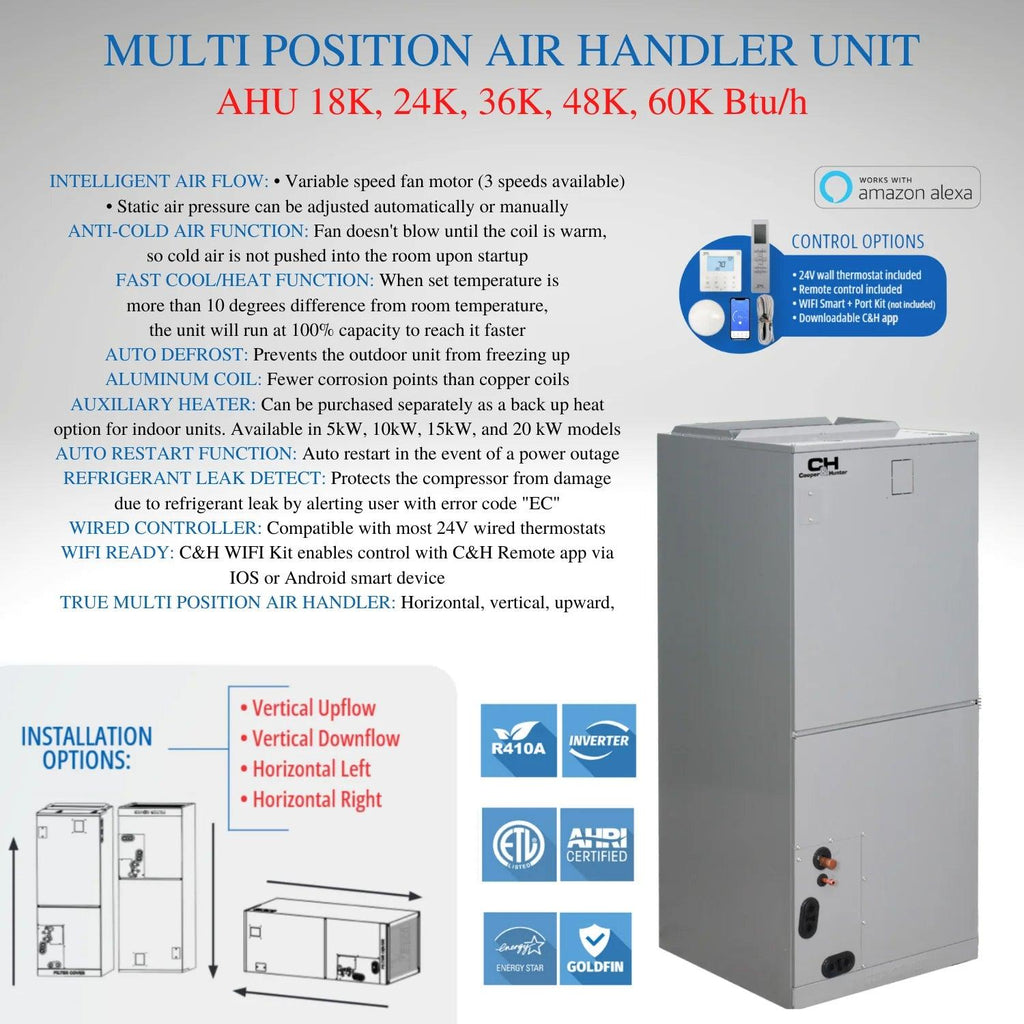 Cooper&Hunter 48,000 BTU Hyper High Efficiency Multi Position Air Handler Unit Ducted Heat Pump Split System R410A 230V