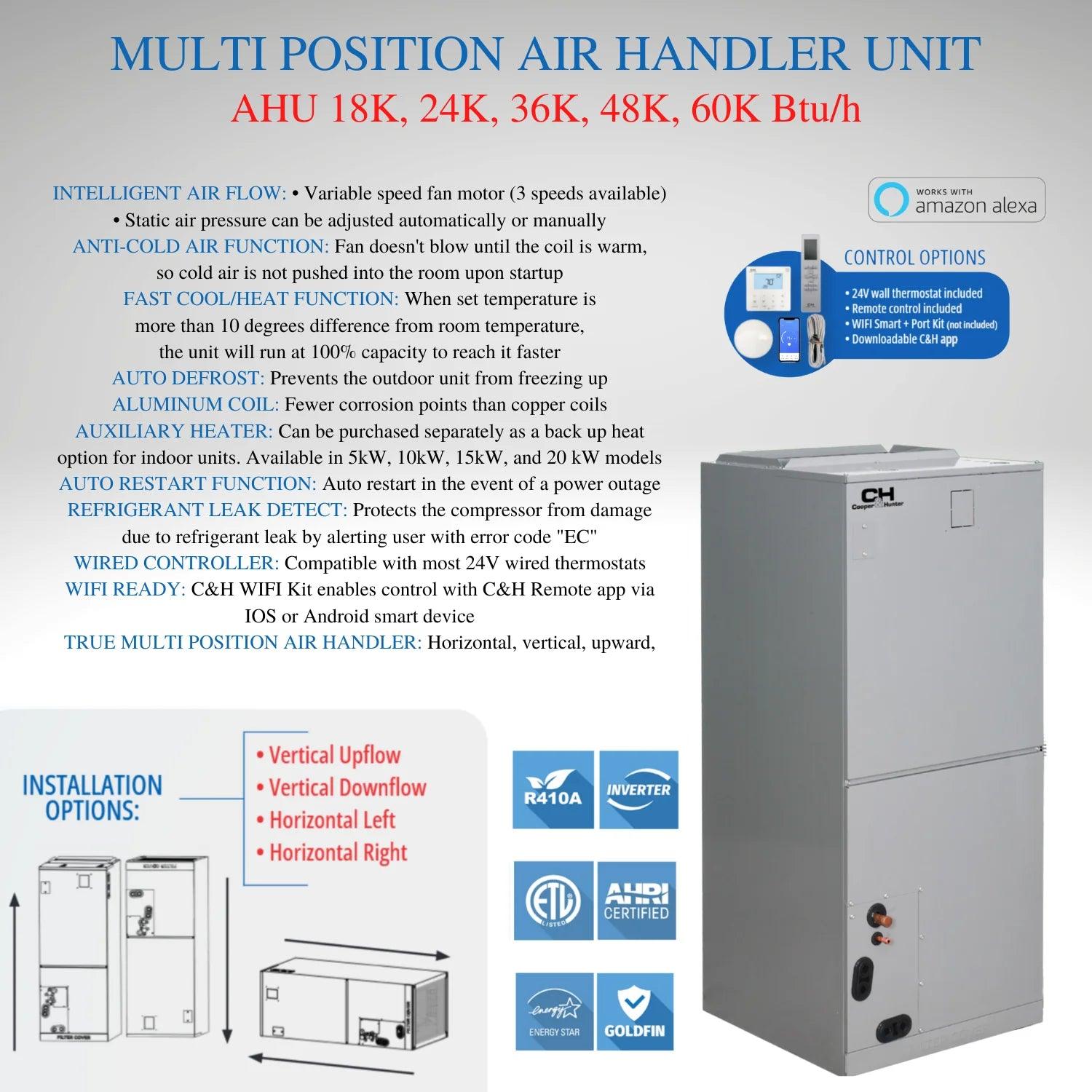 Cooper&Hunter 48,000 BTU Hyper High Efficiency Multi Position Air Handler Unit Ducted Heat Pump Split System R410A 230V