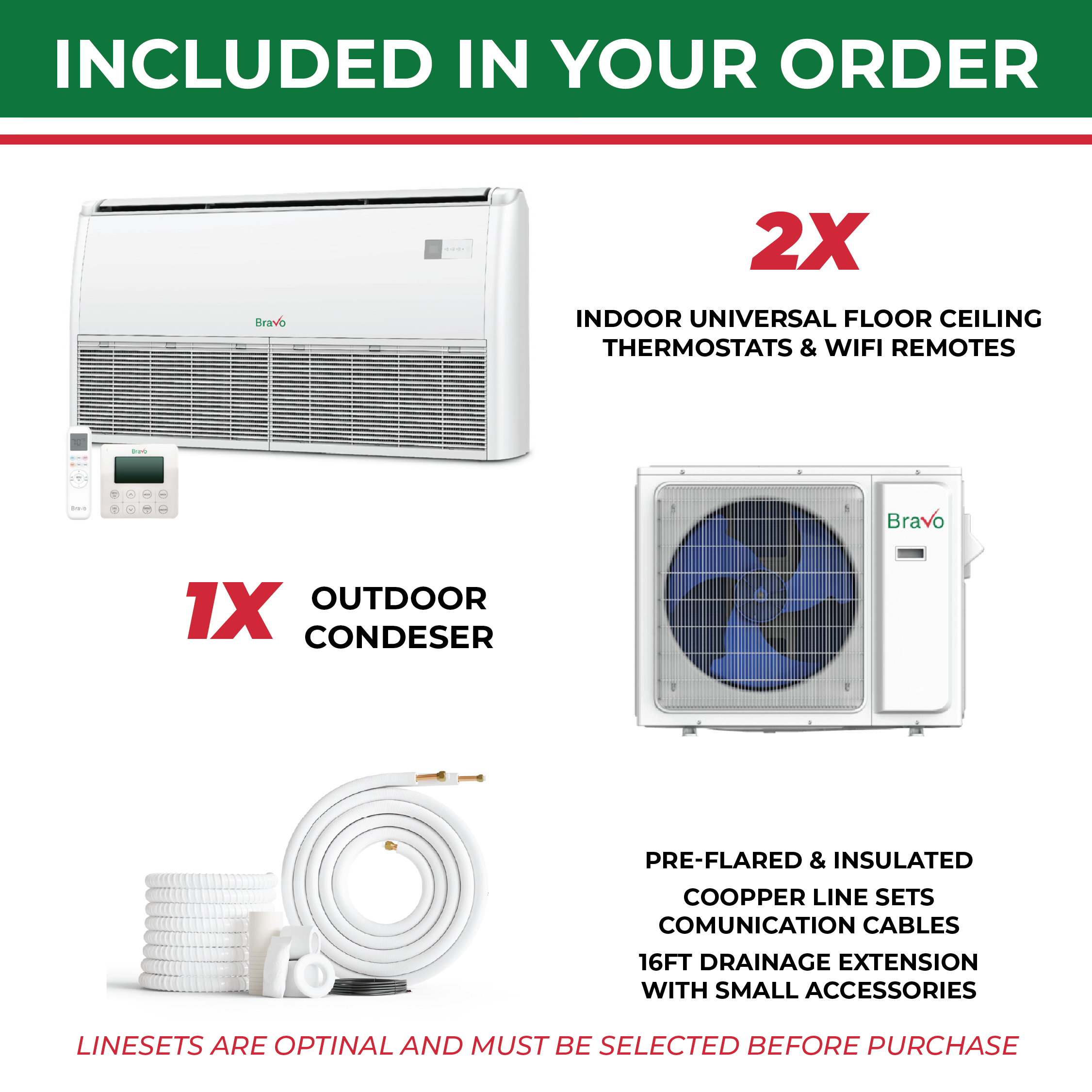 Bravo 2-Zone Ductless Mini Split AC & Heat Pump 18000 BTU (12K+12K), Universal Floor Ceiling Units, 230V
