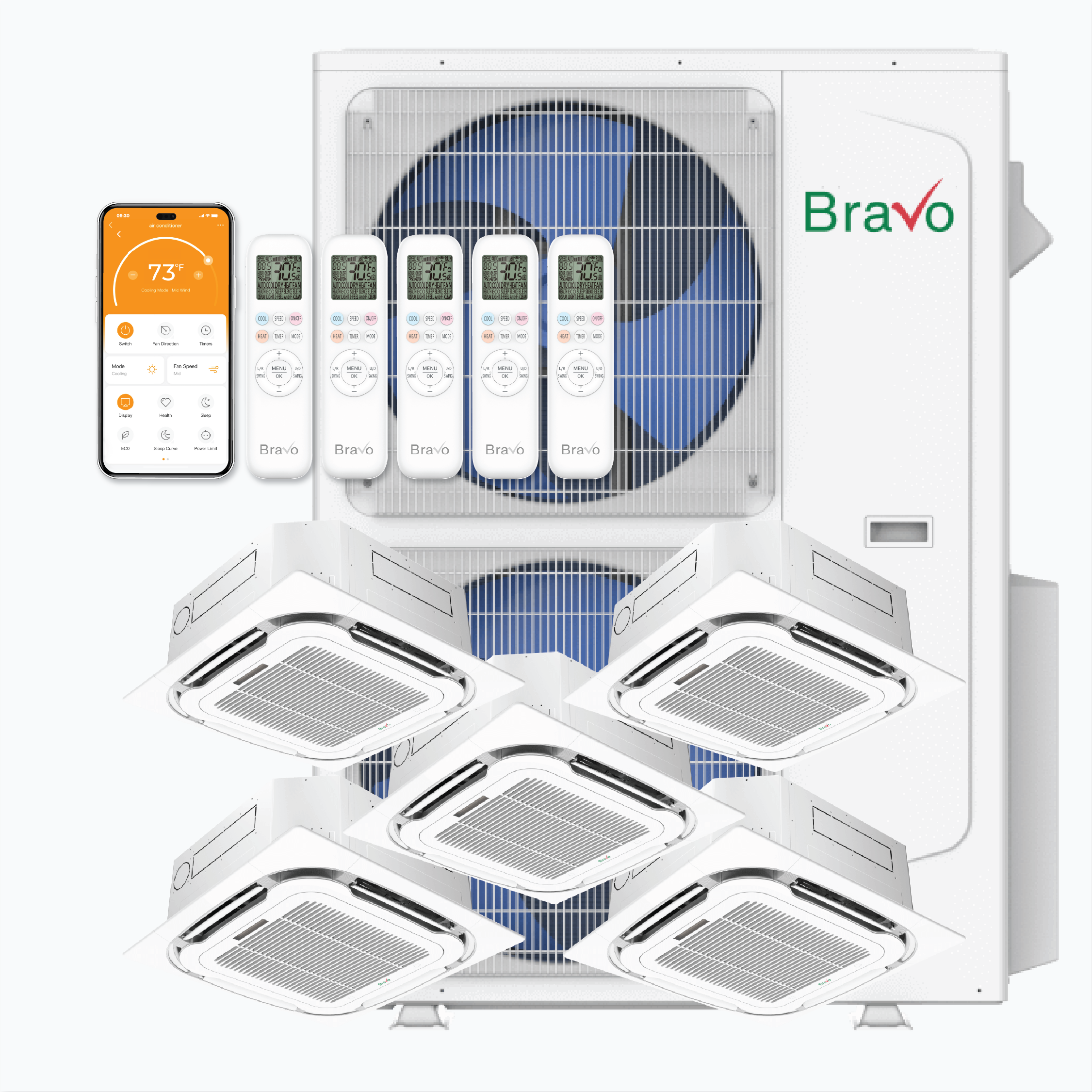 Bravo 5-Zone Ductless Mini Split AC & Heat Pump 42000 BTU (9K+9K+12K+12K+18K), Ceiling Cassettes Units, 230V