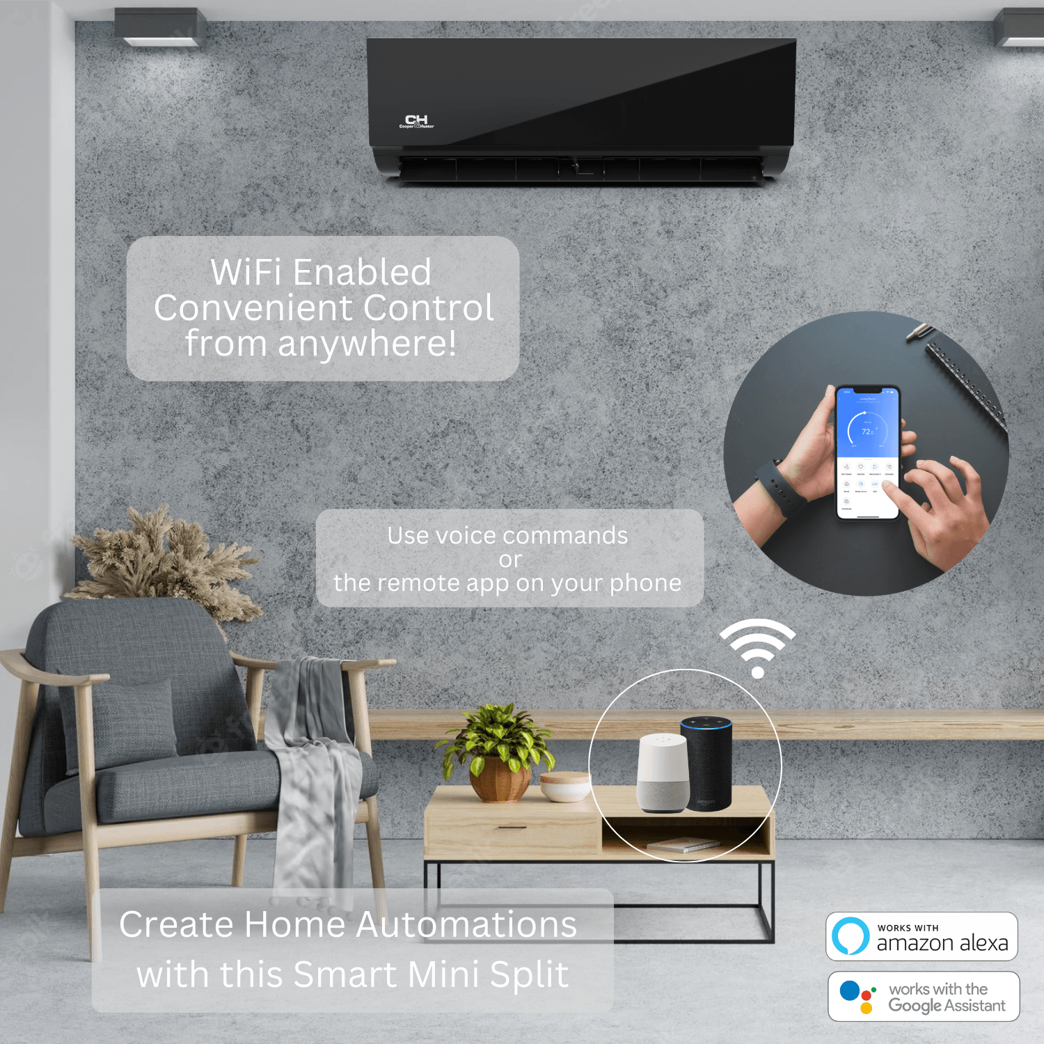Cooper&Hunter Olivia Midnight 2-Zone Ductless Mini Split AC & Heat Pump 18000 BTU (6K+6K), Wall Mount Units, 230V - R410A