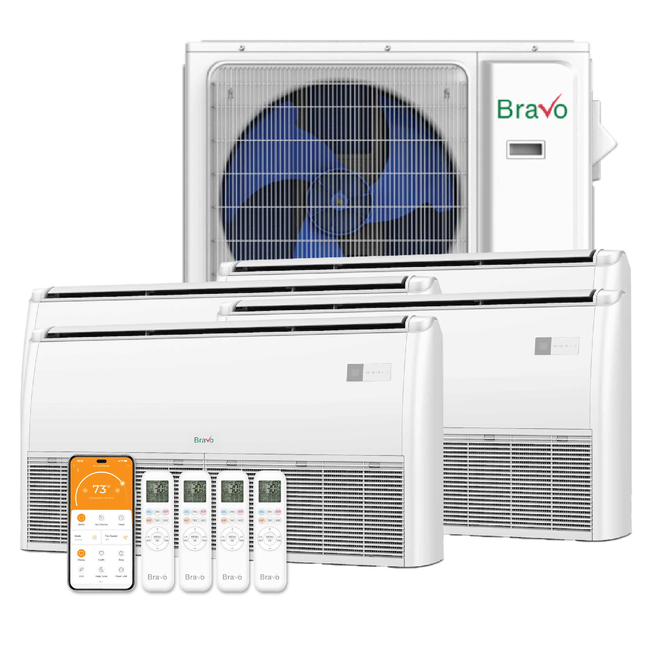 Bravo 4-Zone Ductless Mini Split AC & Heat Pump 42000 BTU (9K+9K+9K+12K), Universal Floor Ceiling Units, 230V