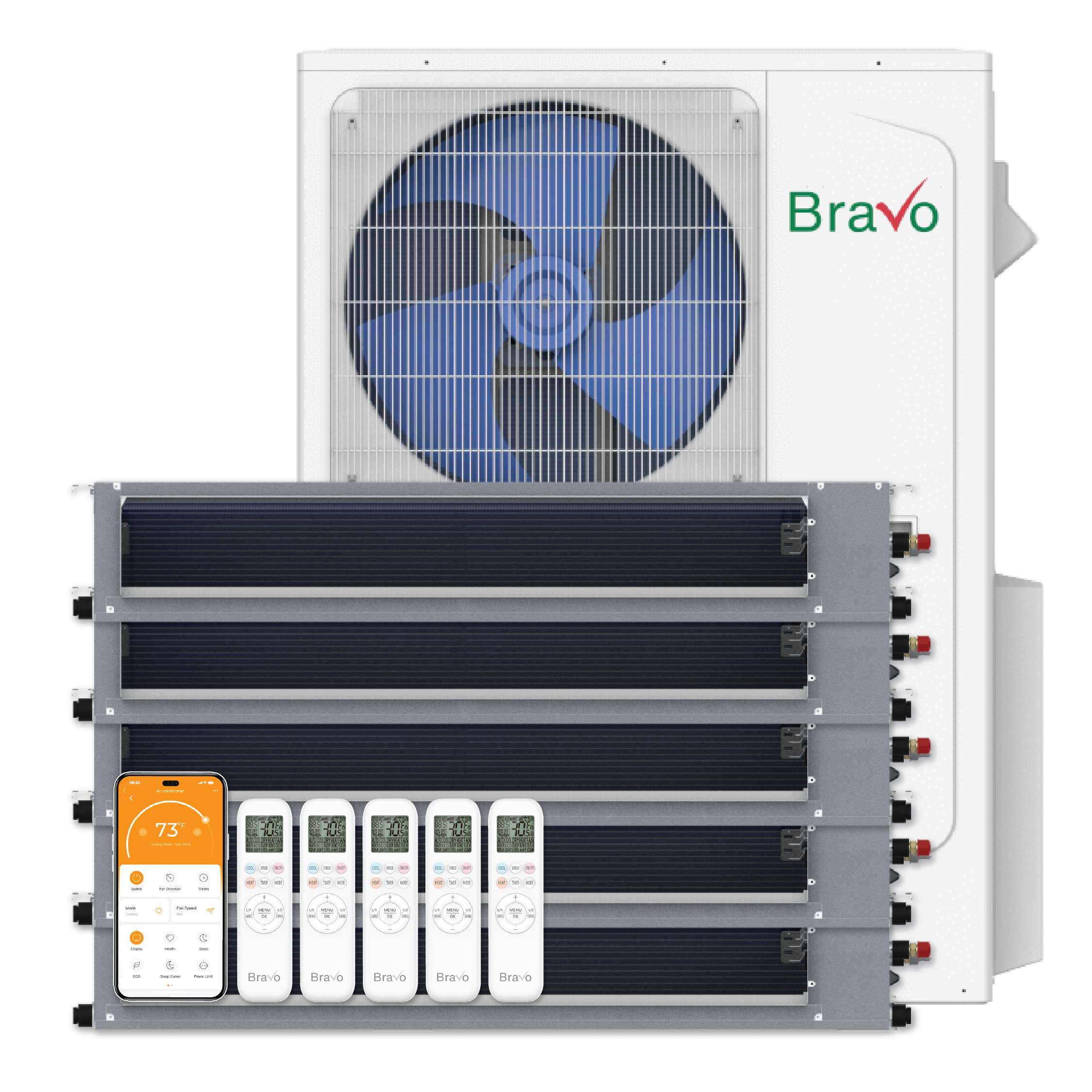Bravo 5-Zone Ducted Mini Split AC & Heat Pump 42000 BTU (9K+9K+12K+12K+18K), Slim Duct Units, 230V