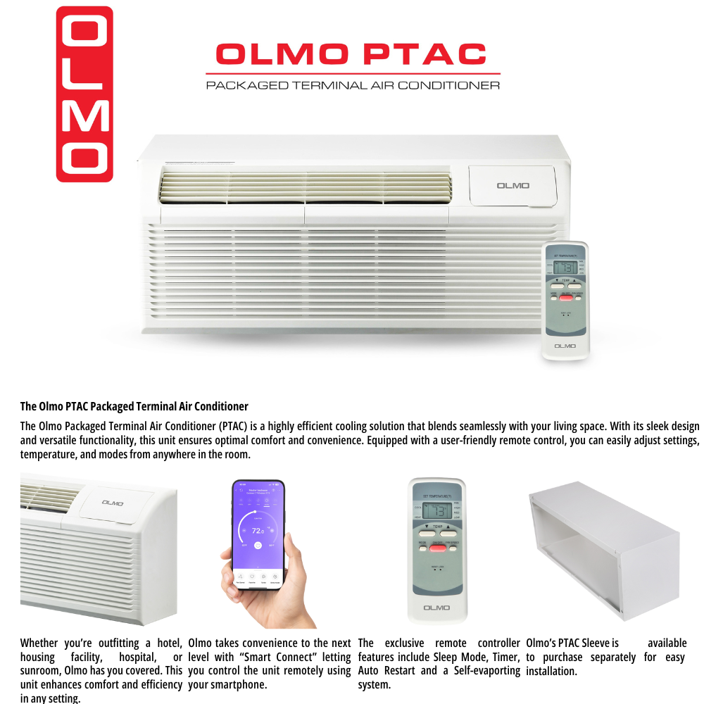 OLMO 9,000 BTU Smart PTAC Heating & Cooling AC Unit ¨C 230V Through-Wall with Remote