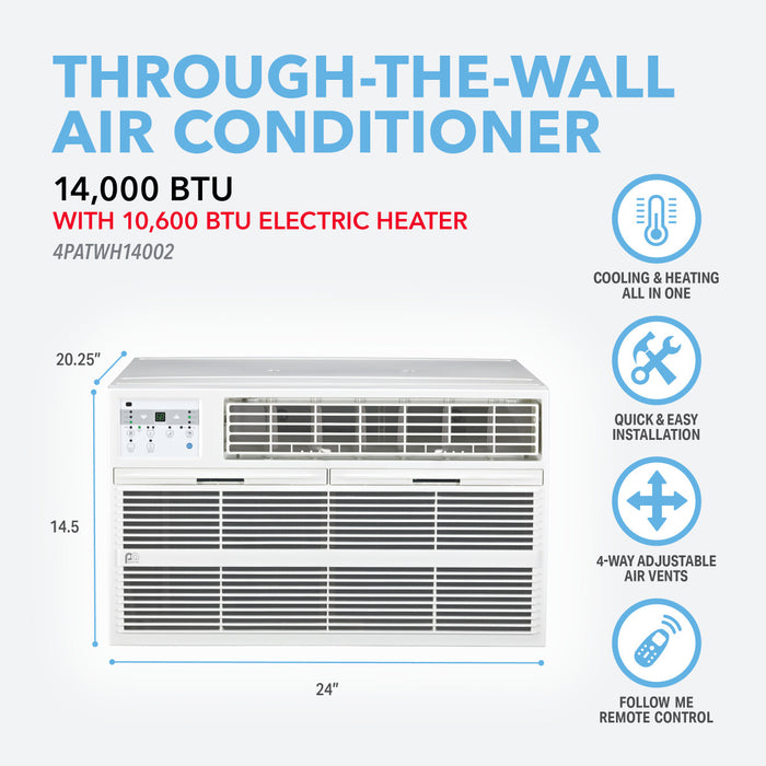 Perfect Aire 14,000 BTU 230V Through-the-Wall Air Conditioner with 10,600 BTU Electric Heater, Follow-Me Remote Control